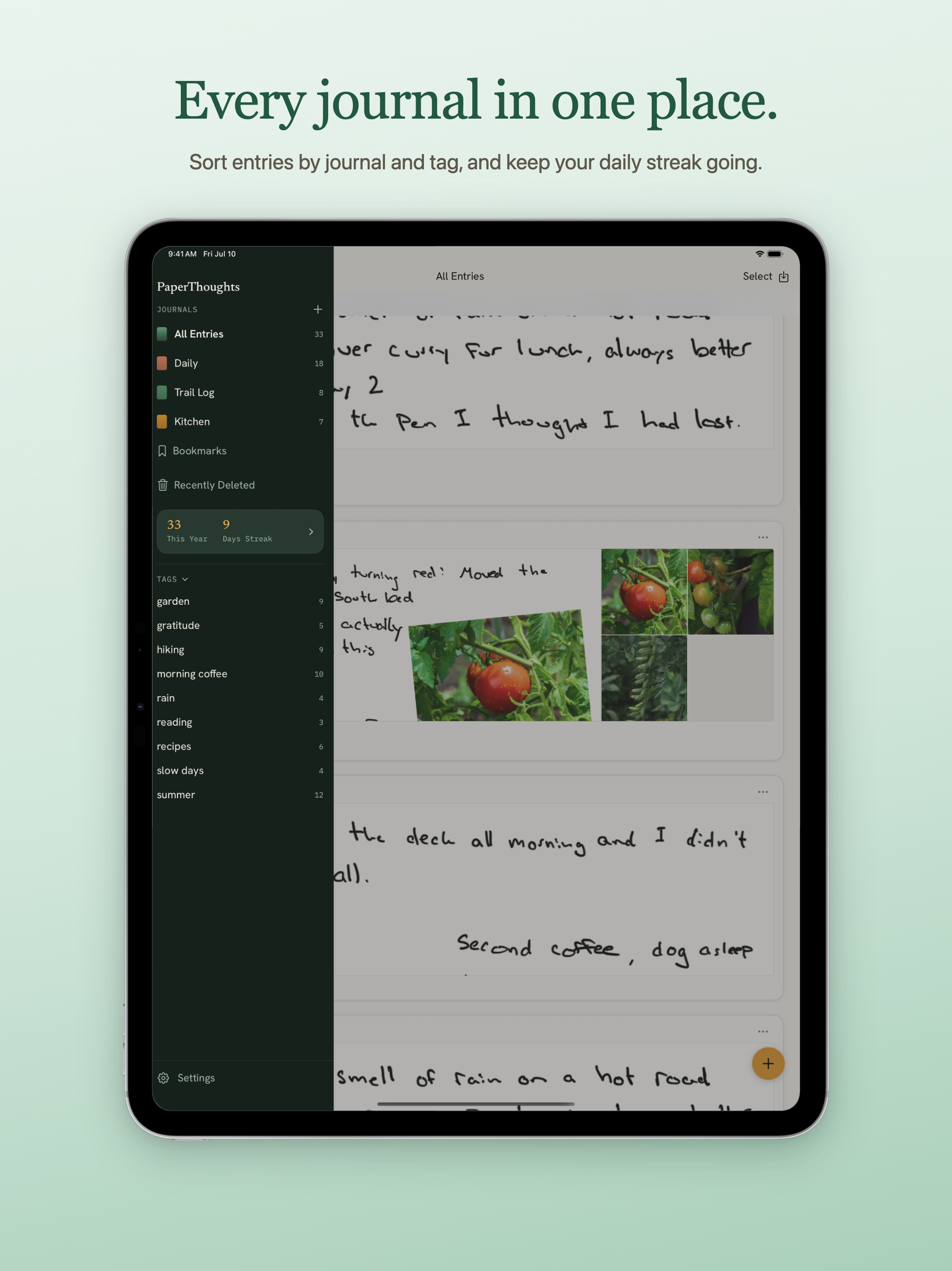 PaperThoughts on iPad: the drawer listing every journal.
