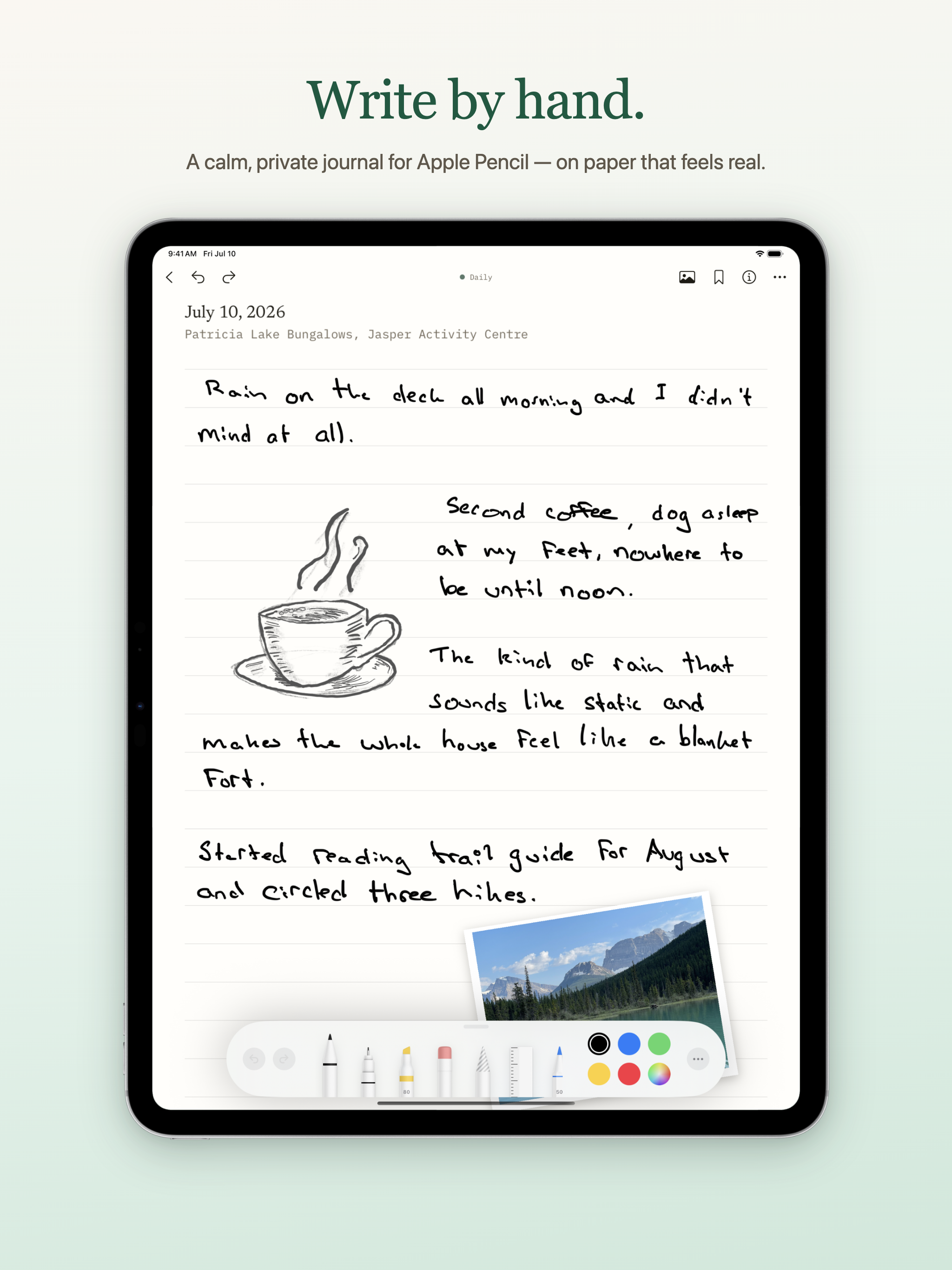 PaperThoughts on iPad: a handwritten journal page with a sketch of a coffee cup and a mountain photo.